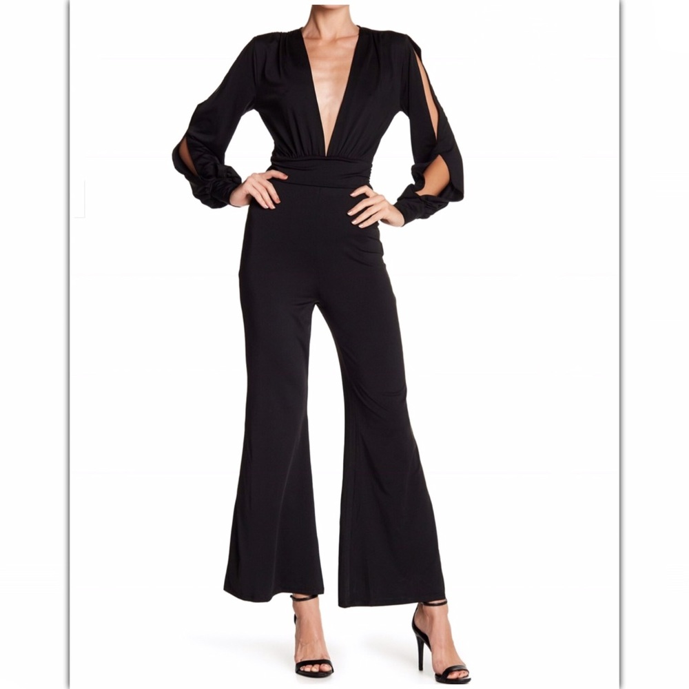 Split Sleeve Jumpsuit w/Deep V Neck & Flared Leg